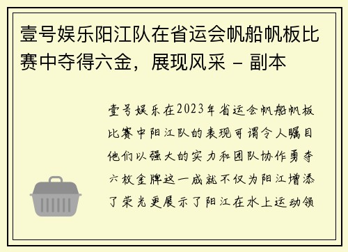 壹号娱乐阳江队在省运会帆船帆板比赛中夺得六金，展现风采 - 副本