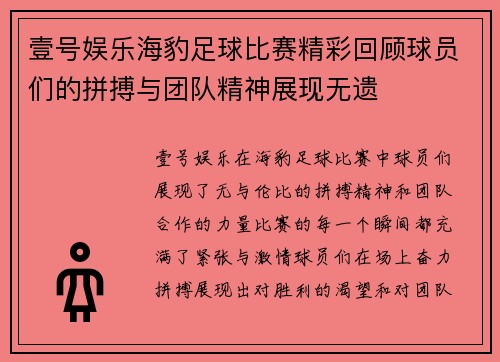 壹号娱乐海豹足球比赛精彩回顾球员们的拼搏与团队精神展现无遗