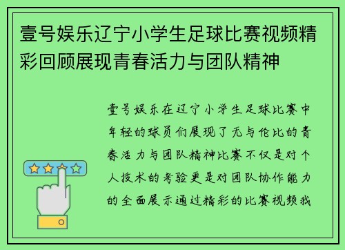 壹号娱乐辽宁小学生足球比赛视频精彩回顾展现青春活力与团队精神