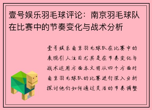 壹号娱乐羽毛球评论：南京羽毛球队在比赛中的节奏变化与战术分析